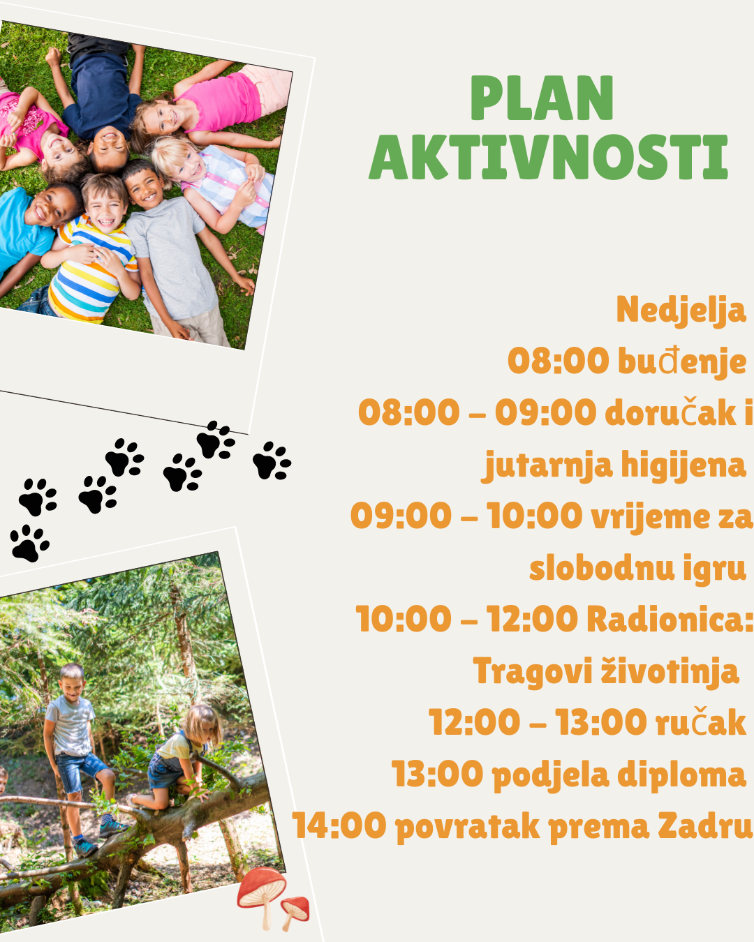 Koji je plan aktivnosti za nedjelju?